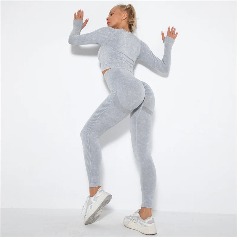 Women Seamless Yoga Set Fitness Sports Suits Gym Clothing Long Sleeve Crop Top Shirts High Waist Running Leggings Workout Pants